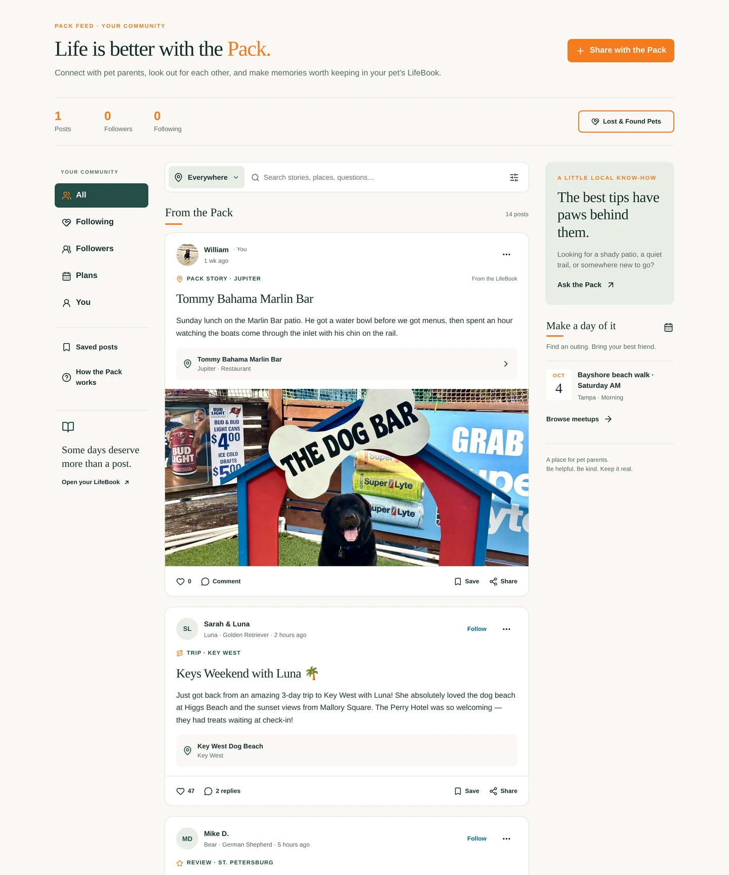 The Pack Feed: the views down the side, Everywhere and search above the posts