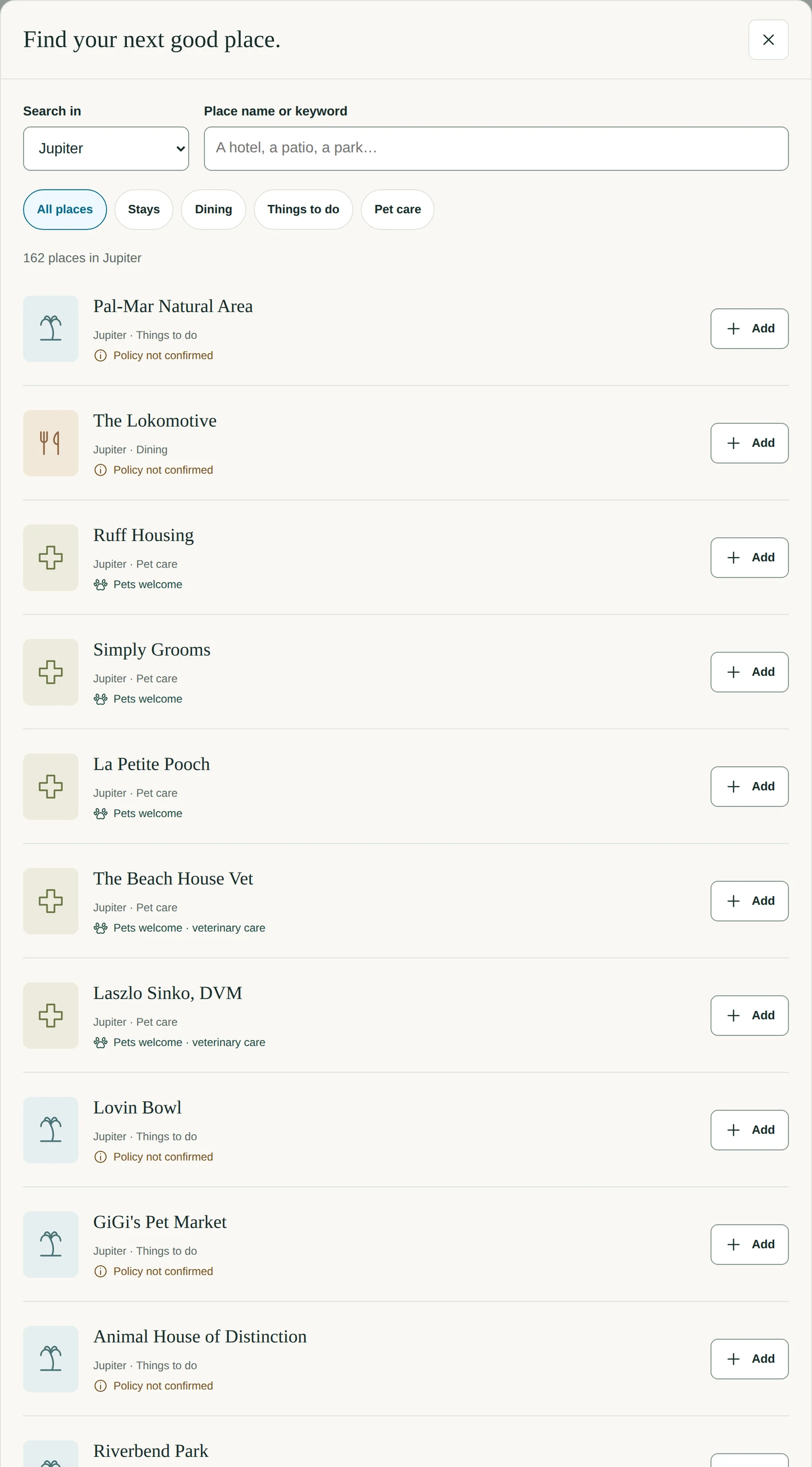 Add a place &mdash; the Find-a-place dialog