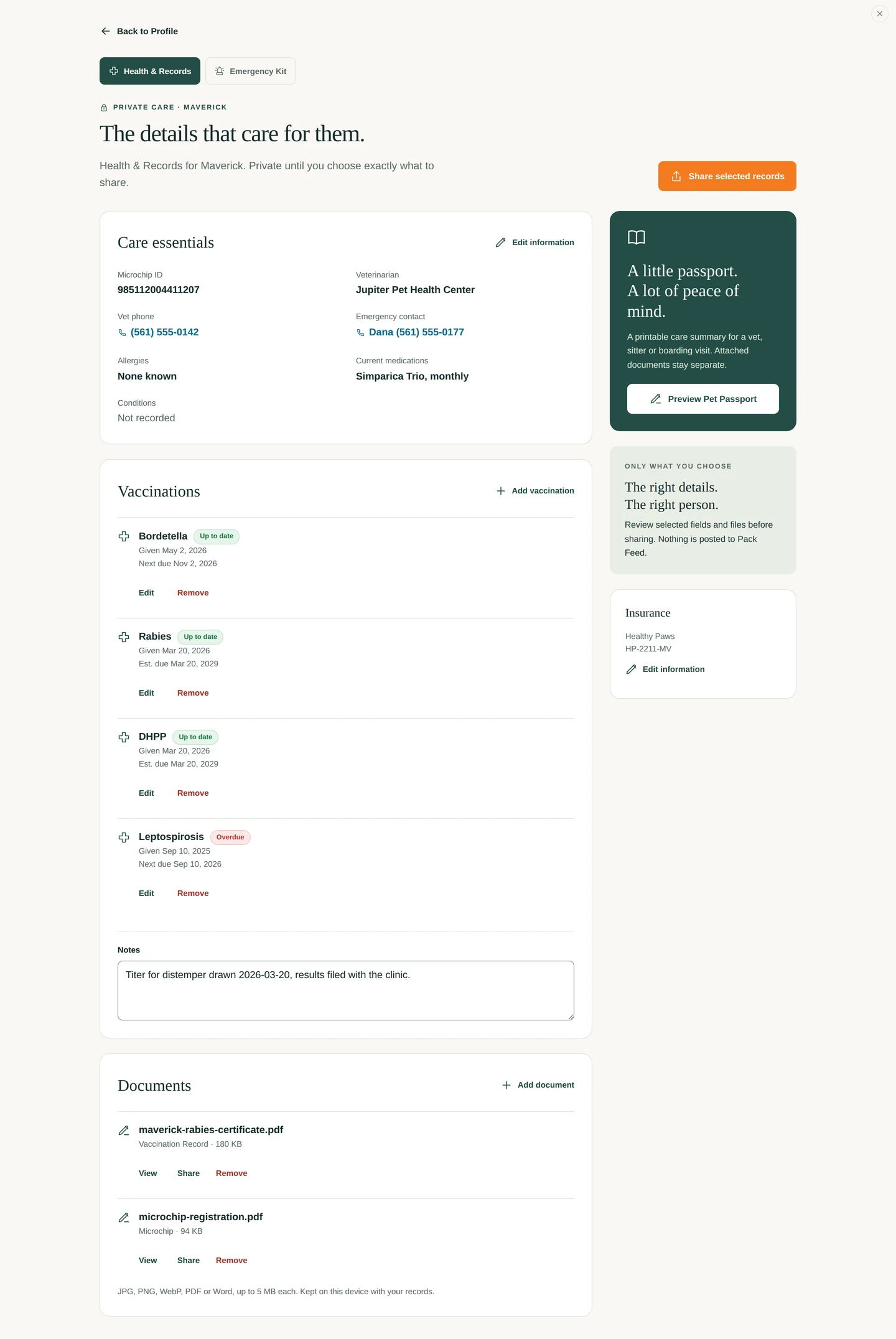 Health & Records: care essentials, vaccinations, documents