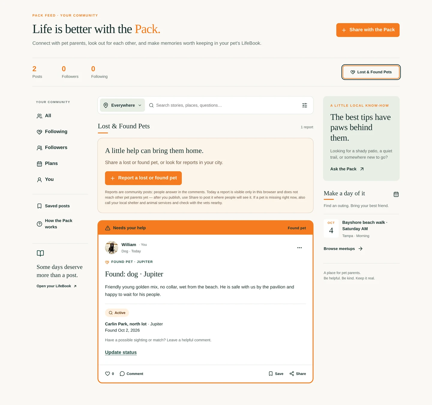 Lost & Found Pets: the door above, the active report first, ringed in orange