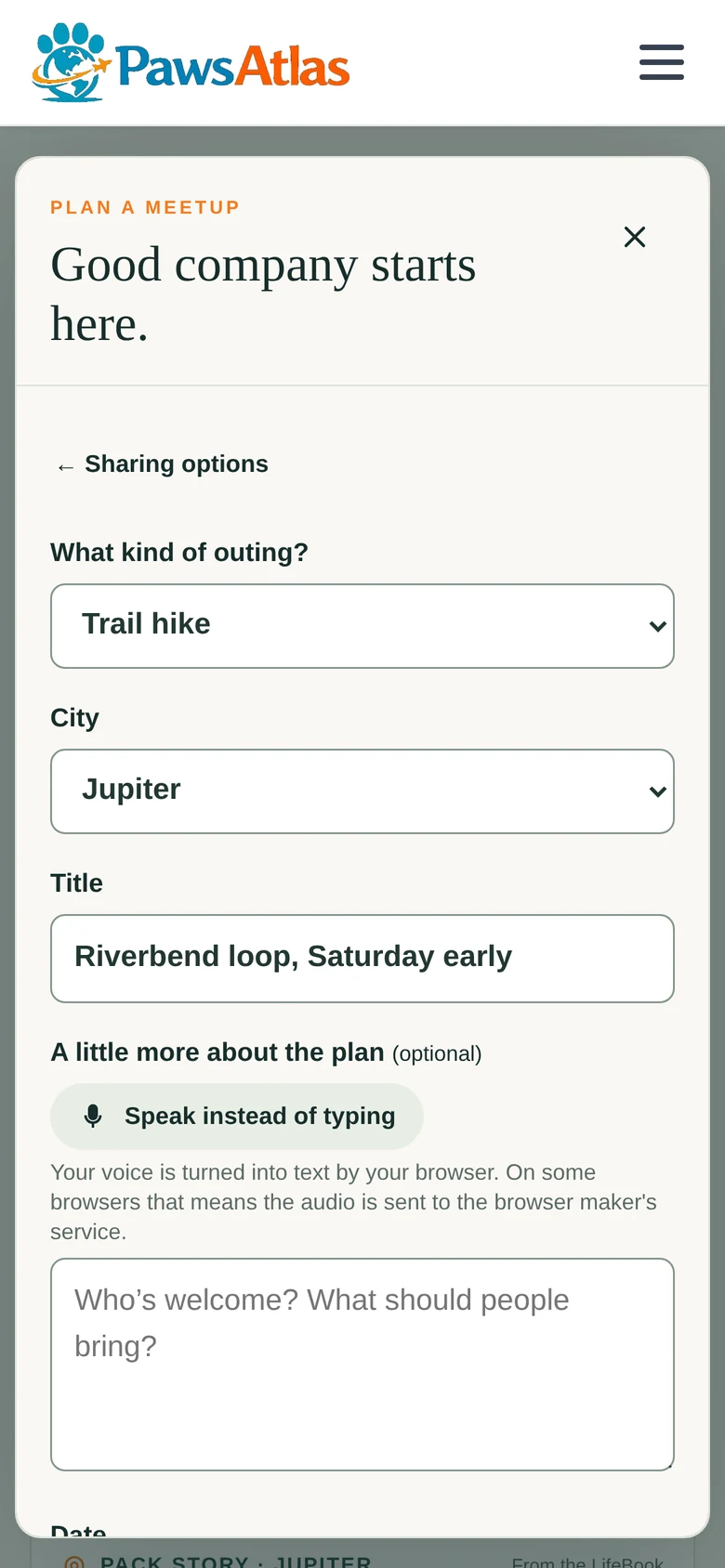 Plan a meetup: what kind of outing, when, where