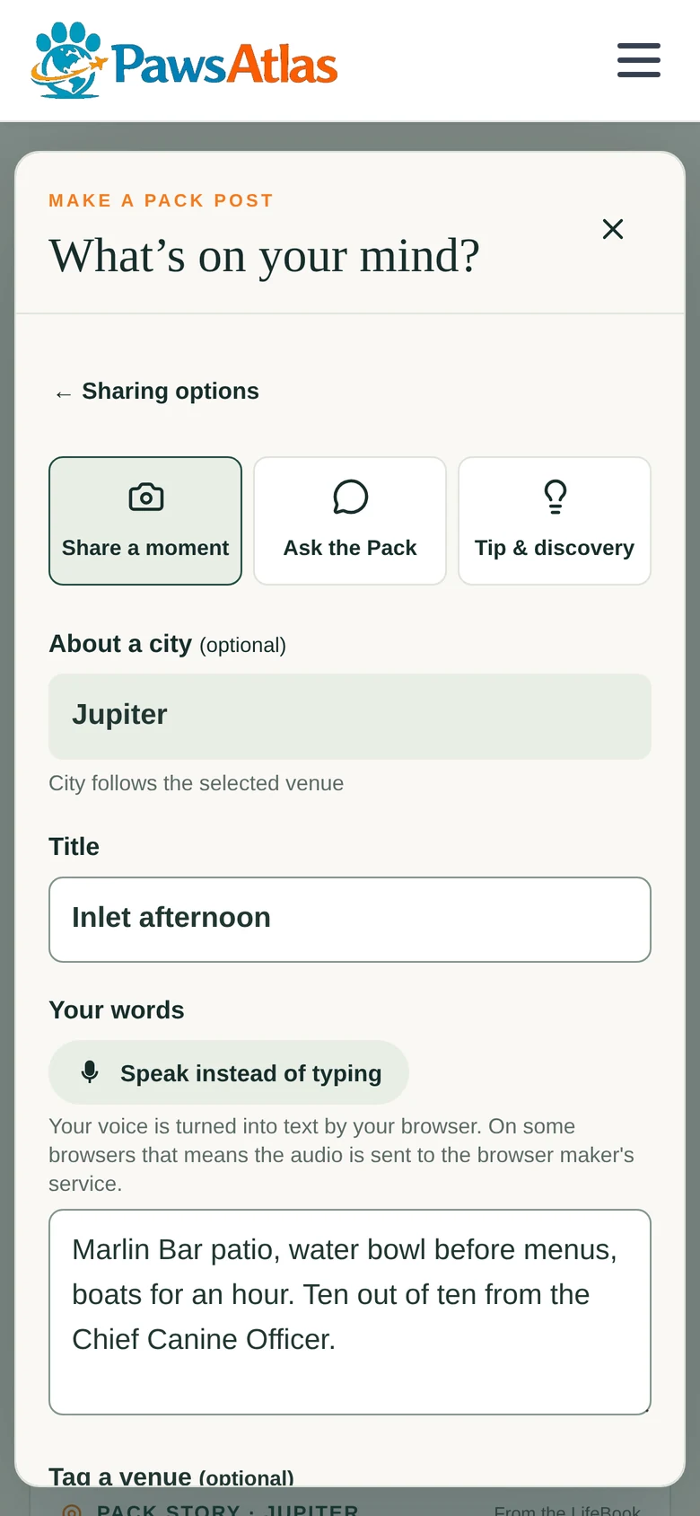 Make a Pack Post: a moment, a question or a tip, your words, a place