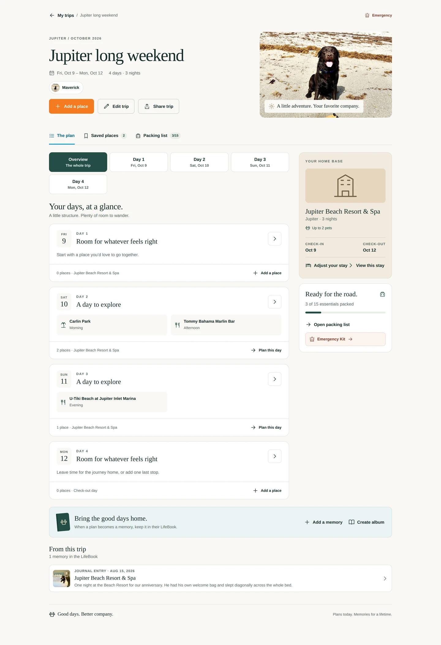A trip page: the plan, the days, your home base