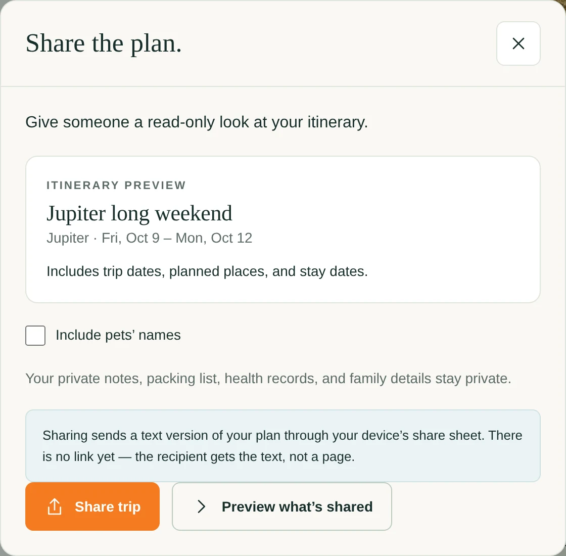 Share trip: what goes in the itinerary