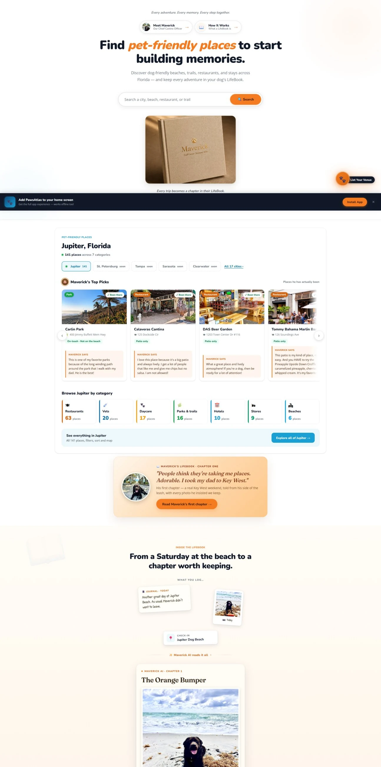 The homepage: the "Jupiter now" block with categories and Maverick's Top Picks