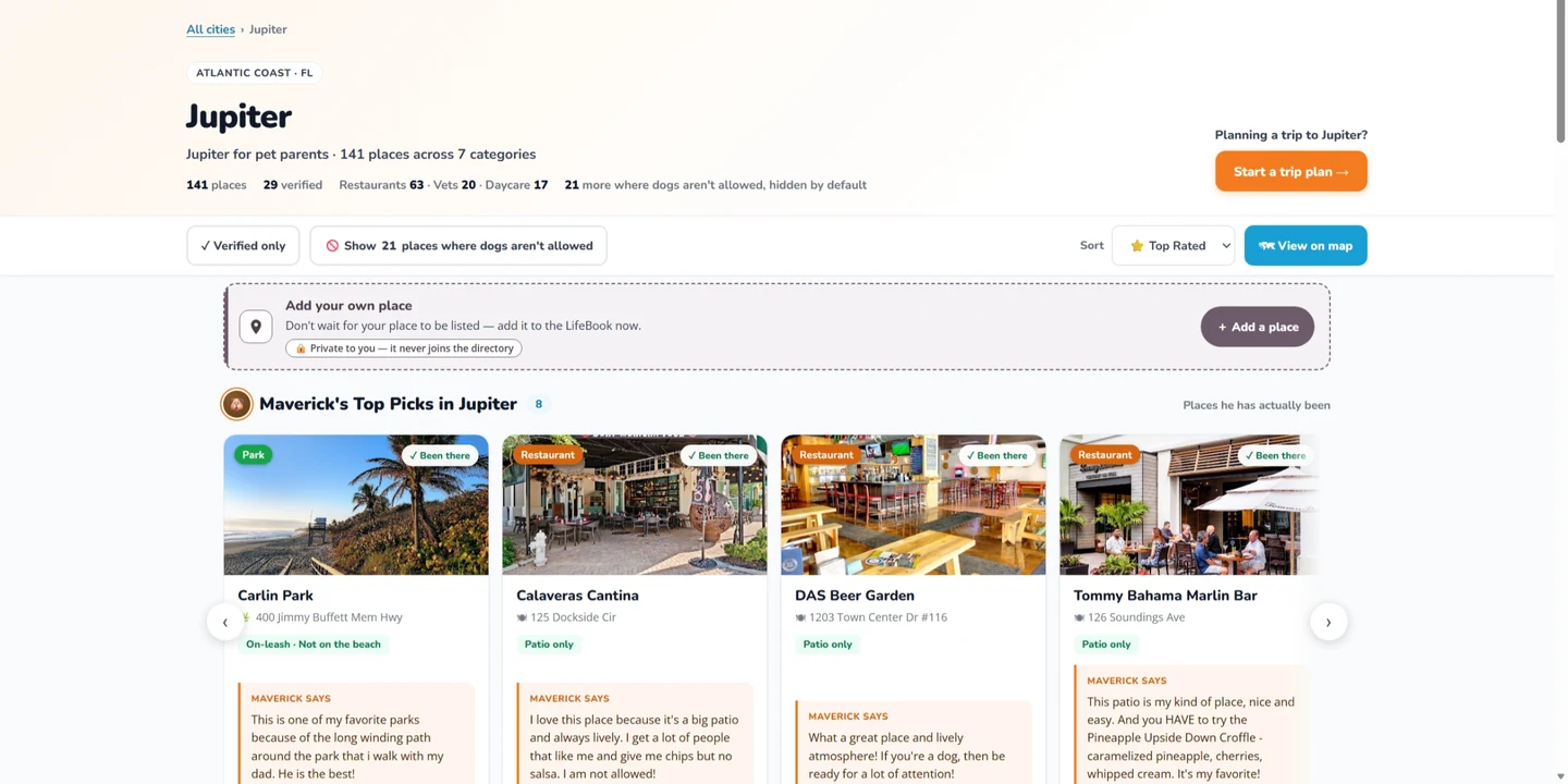 The Jupiter city page &mdash; filters across the top, places below